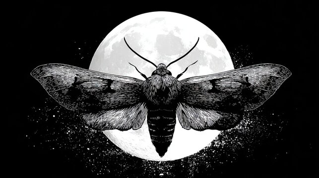 Silhouette of moth flying under moonlight, mysterious elegant vector perfect for fantasy, night wildlife, or symbolic designs.