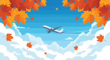 A large passenger airplane flies through a cloudy blue sky framed by falling autumn maple leaves in a travel themed scene.