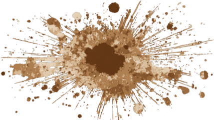 A dynamic ink splash featuring a central dark area surrounded by radiating lighter splatters in various tones of brown.