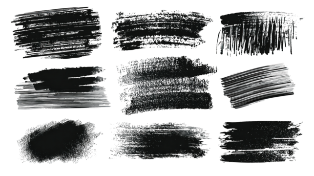 A series of abstract brush strokes displayed in various styles and densities, showcasing texture and movement.