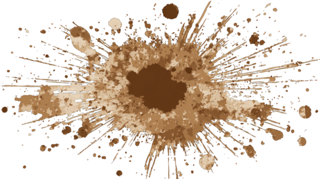 A dynamic ink splash featuring a central dark area surrounded by radiating lighter splatters in various tones of brown.