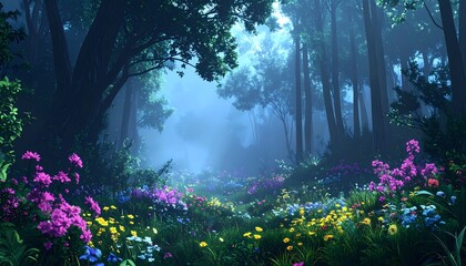 Obraz premium Enchanted Forest with Vibrant Flowers and Misty Atmosphere.