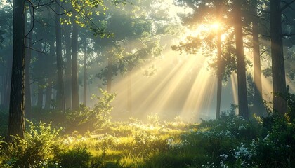 Sunlight filtering through trees in a lush green forest.