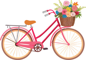 A charming pink bicycle with a wicker basket full of colorful flowers