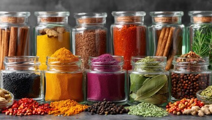 Spices displayed in clear jars of various colors and textures