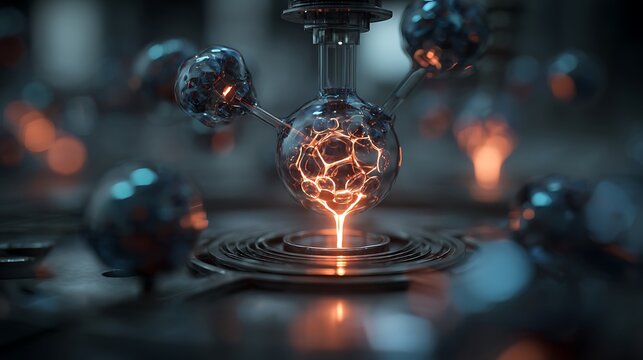 Glowing Molecular Structure with Energy Flow in a Futuristic Laboratory Setting