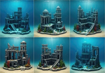 Six distinct underwater ancient city ruins, intricately designed as aquarium decorations, submerged in clear blue water on a sandy seabed.
