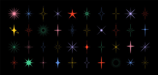 Retro sparkle stars set. Y2K abstract shapes. Brutalism star icons. Flat Vector illustration.