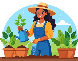 A cartoon illustration of a smiling person with dark hair wearing gardening clothes, watering plants in pots with a blue watering can
