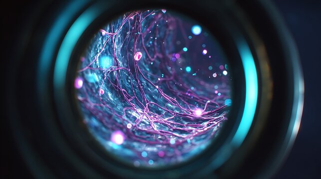 Abstract close-up of colorful luminous fibers and particles viewed through a sleek circular lens