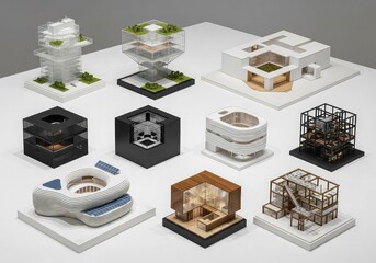 A collection of ten diverse architectural models displayed on a white surface, showcasing various designs and structural concepts.