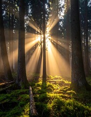 Sunlight Piercing Through Forest Canopy - A Serene Woodland Scene.