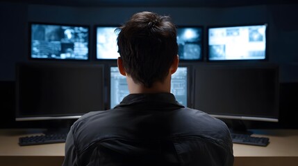 A person monitors multiple glowing computer screens in a dark control room environment