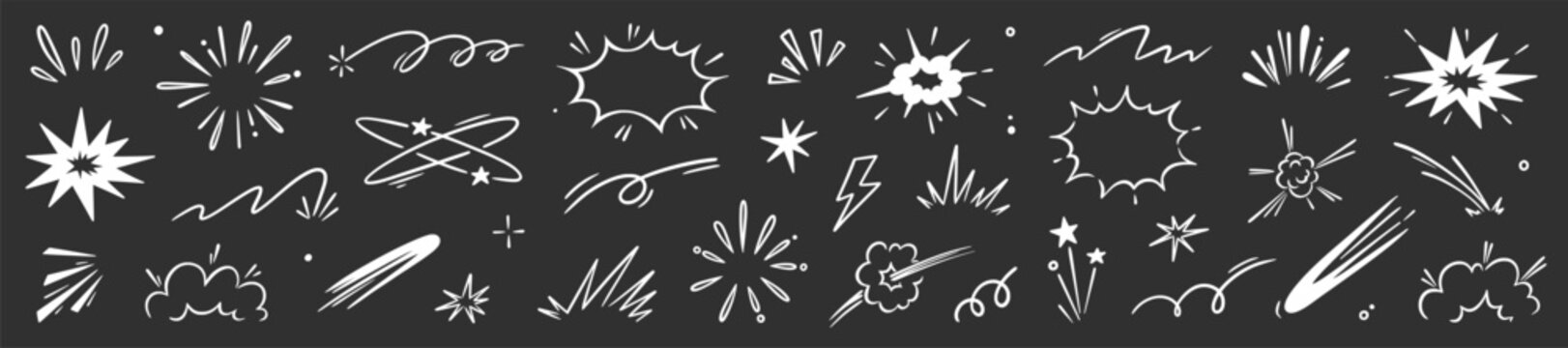 Cartoon speed effect comic line element set. Hand drawn doodle sketch boom burst, bomb smoke, explosion cloud cartoon elements. Comic speed effect, power flash, explosive shapes. Vector illustration