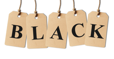 Black Friday Sale Concept with Hanging Paper Tags On a transparent background . Black Friday for shopping discounts, advertisements, and promotional offers.