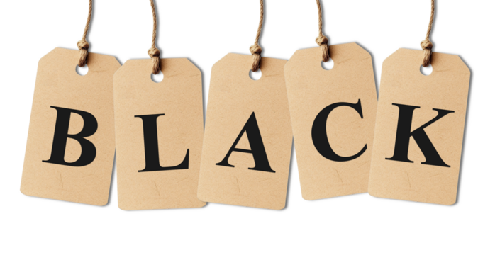 Black Friday Sale Concept with Hanging Paper Tags On a transparent background . Black Friday for shopping discounts, advertisements, and promotional offers.