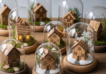 A collection of charming miniature wooden houses displayed inside glass domes with various tiny landscapes, creating a whimsical decorative scene.