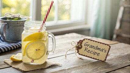 Mason jar of lemonade with lemon slice and tag grandma recipe