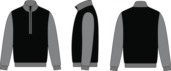 Black and Grey Men's Quarter Zip Sweatshirt Technical Fashion Sketch with Front, Side and Back Views Isolated on White Background for Sportswear Design © tajwar