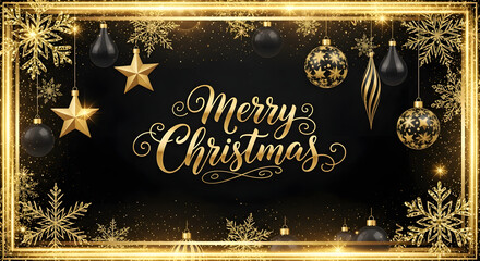 Elegant merry christmas greeting with golden ornaments stars and snowflakes on a black background