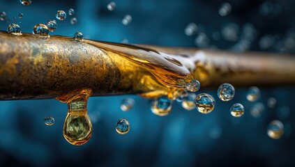 Water droplets cling to a corroded pipe with a puncture