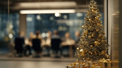 Luxury Golden Christmas Tree in Modern Office Conference Room Meeting