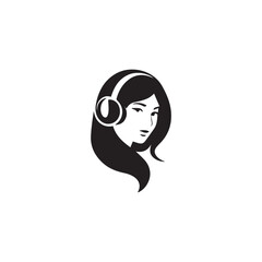 Black Vector Illustration of Woman Wearing Headphone in Clean Minimal Style on White Background