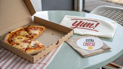 Open pizza box with cheesy slices on a table with yum and extra cheese label