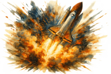 Space shuttle launching, creating fiery explosion of watercolor paint, symbolizing power, innovation, and space exploration