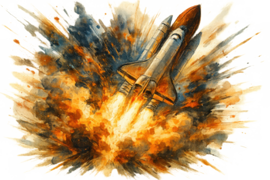 Space shuttle launching, creating fiery explosion of watercolor paint, symbolizing power, innovation, and space exploration