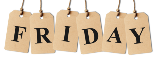 Black Friday Sale Concept with Hanging Paper Tags On a transparent background . Black Friday for shopping discounts, advertisements, and promotional offers.