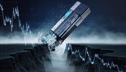  Market Crash: The image portrays a dystopian vision of market instability and financial collapse, with digital data streams cascading into a chasm. 