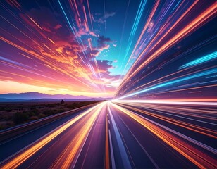Highway perspective with vibrant speed light trails against sunset sky