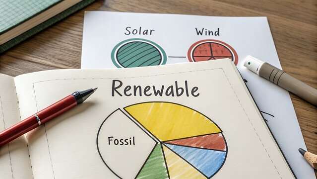 Pie chart showing renewable energy versus fossil fuels on paper