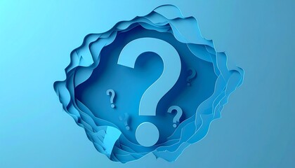 A layered, abstract composition. Inside a stylized, organic form, question marks of varying sizes float on a gradient blue background