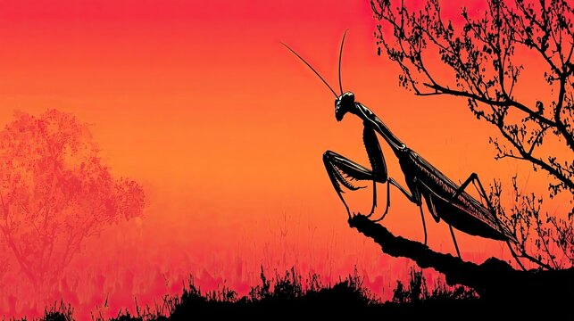 Silhouette of praying mantis standing on branch, minimal vector ideal for focus, patience, and natural wildlife themes.