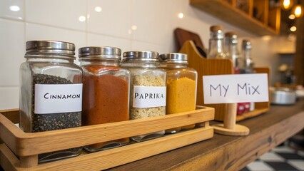 Row of spice jars on a wooden rack with cinnamon paprika my mix tag