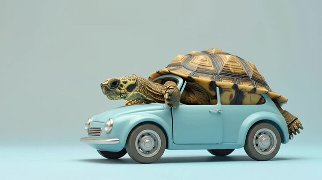A slow and steady journey A tortoise driving a vintage blue car against a light blue backdrop