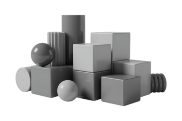 Stack of Basic 3D Geometric Shapes in Monochrome Gray Isolated on Transparent Background