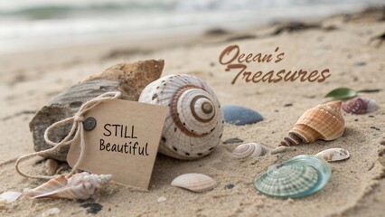 Seashells and message still beautiful ocean treasure on sandy beach with ocean treasures