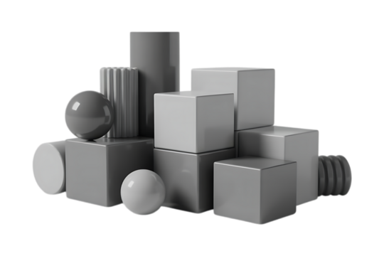 Stack of Basic 3D Geometric Shapes in Monochrome Gray Isolated on Transparent Background