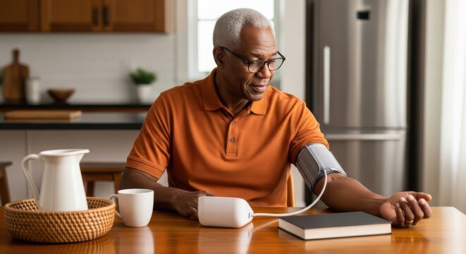 Senior man checking blood pressure at home kitchen