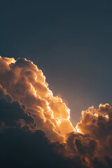 Rim-lit towering cloud pillars on either side of a glowing horizon with dark negative space for text
