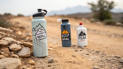 Three reusable water bottles on a dusty outdoor trail with refill keep peak word on it
