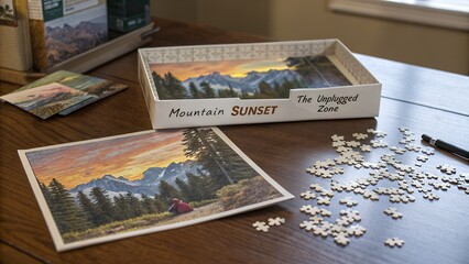 Unfinished mountain sunset jigsaw puzzle scattered on table with the unplugged zone word