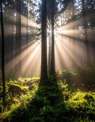Sunlight Through the Forest Canopy - A Serene Woodland Scene.