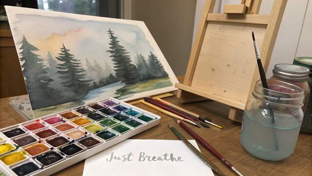 Just breathe Watercolor painting of a forest landscape on an easel with art supplies
