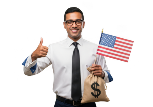 Smiling man in glasses giving a thumbs up, holding a money bag with a dollar sign and a small american flag, isolated on transparent background