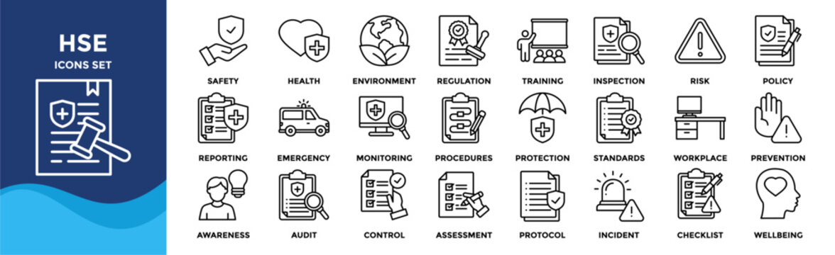 HSE icon collection set. Containing safety,health,environment,regulation,training,inspection,risk,policy,protocol,incident icon