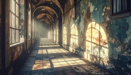 Sunlit Abandoned Hallway - A Hauntingly Beautiful Architectural Exploration.